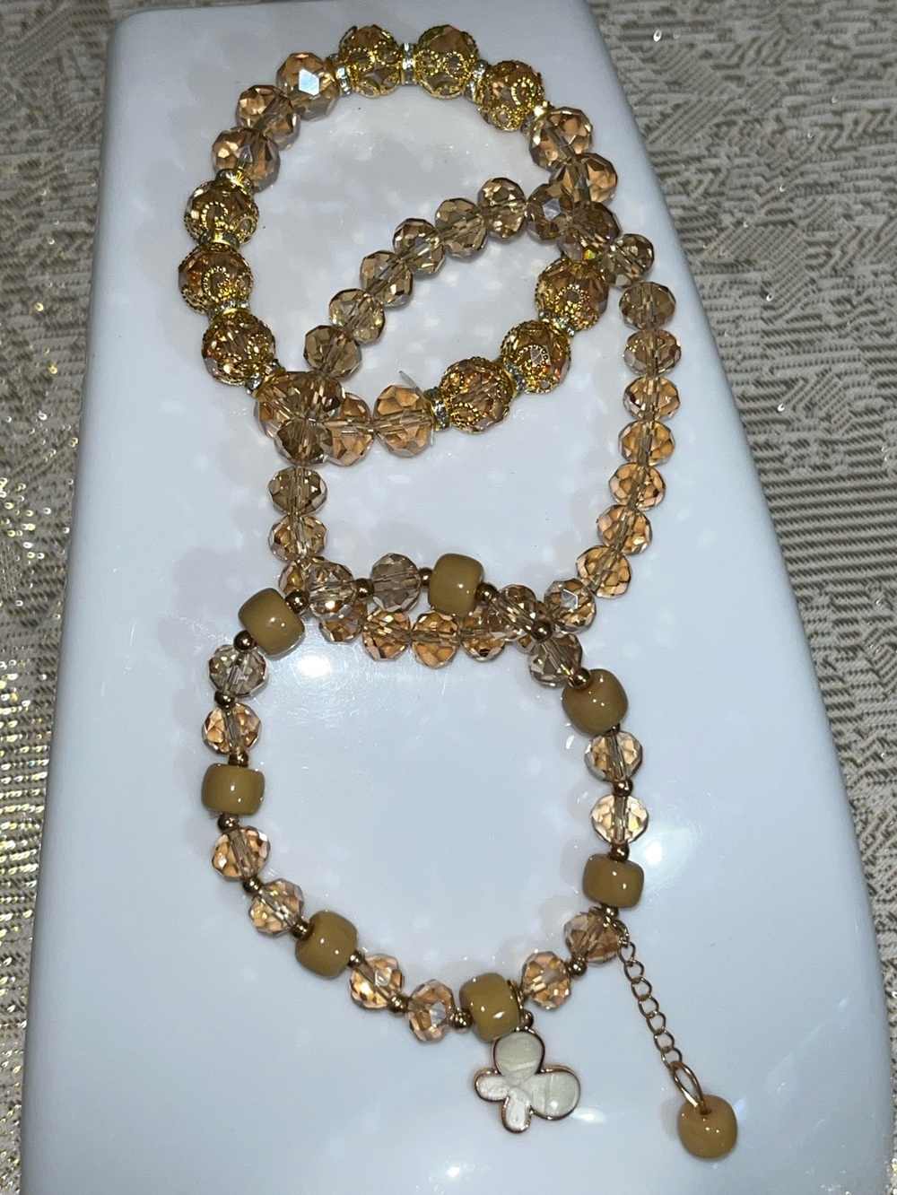 Amber Crystal Bead Bracelet Set with Clover Charm NEW